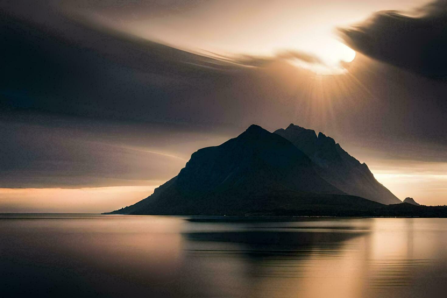 de zon schijnt over- een berg in de afstand. ai-gegenereerd foto