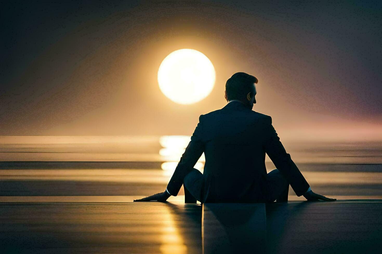 een Mens in een pak zittend Aan de strand Bij zonsondergang. ai-gegenereerd foto