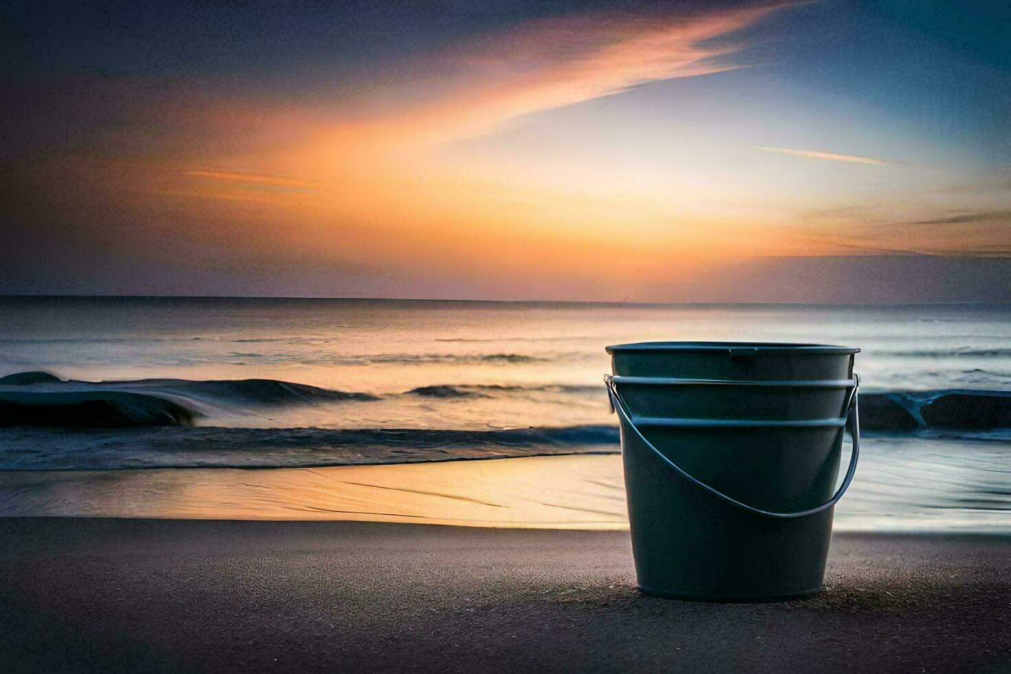 een emmer Aan de strand Bij zonsondergang. ai-gegenereerd foto