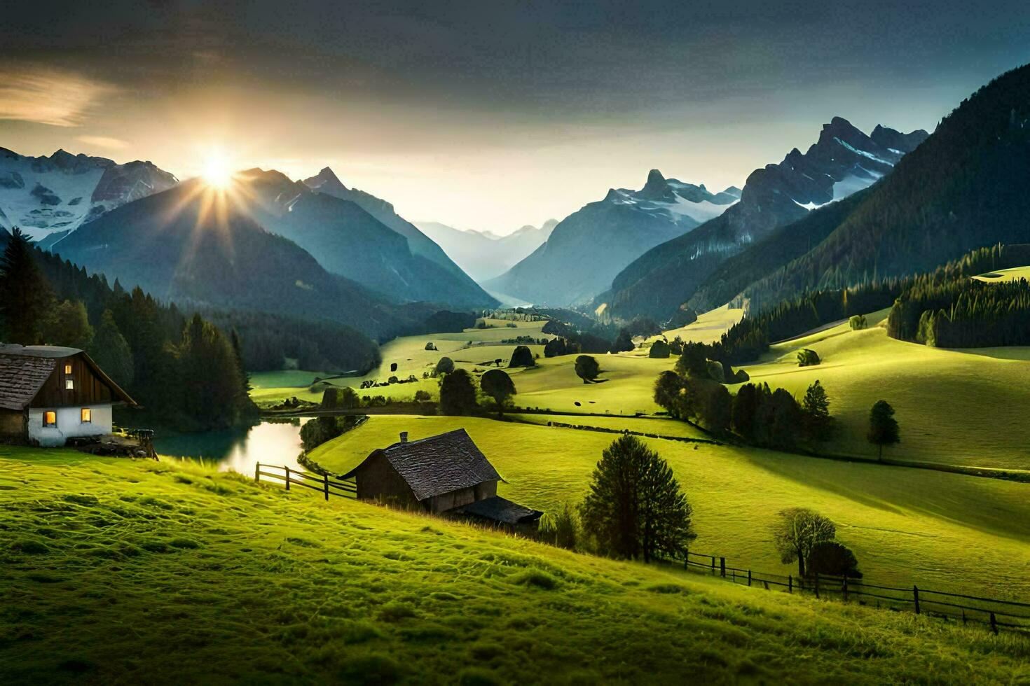 de zon stijgt over- de bergen in de achtergrond. ai-gegenereerd foto