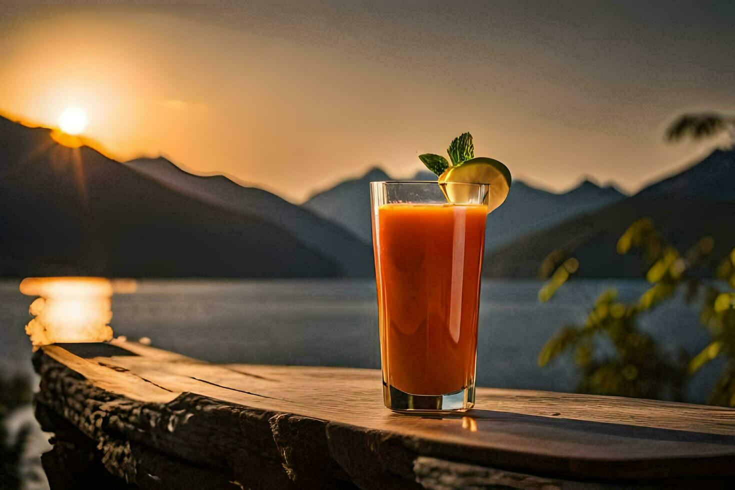 een glas van oranje sap Aan een tafel in voorkant van een meer. ai-gegenereerd foto