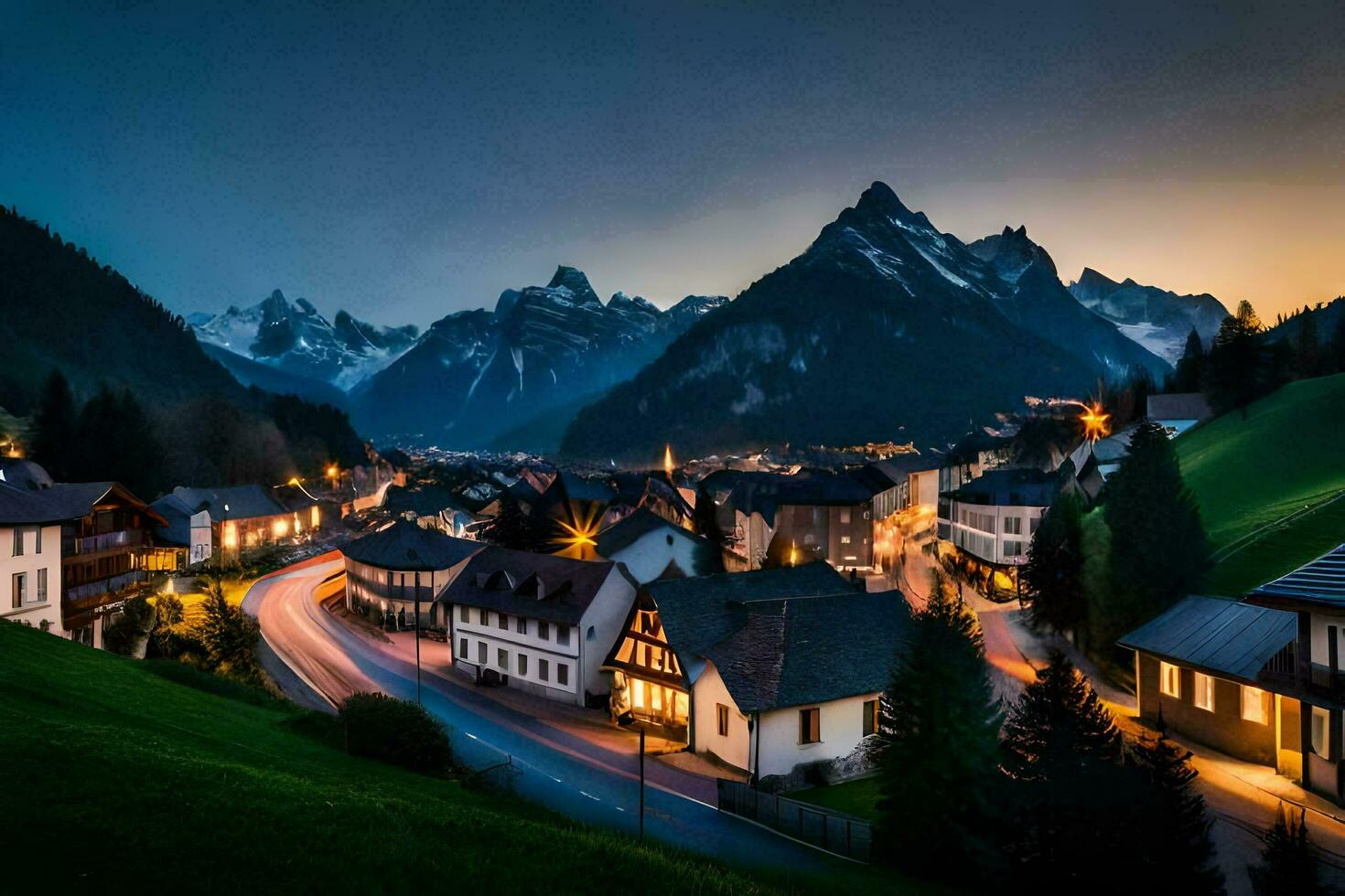 foto behang de lucht, bergen, dorp, nacht, bergen, dorp, Alpen, zw. ai-gegenereerd