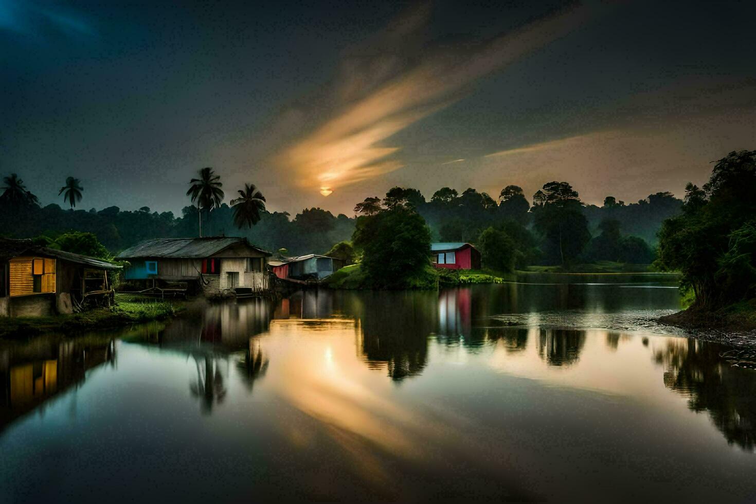 een rivier- met huizen en bomen in de achtergrond. ai-gegenereerd foto