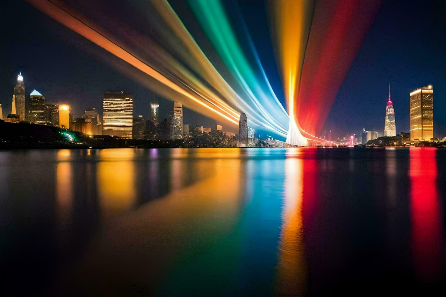 een lang blootstelling fotograaf van een stad horizon met kleurrijk lichten. ai-gegenereerd foto