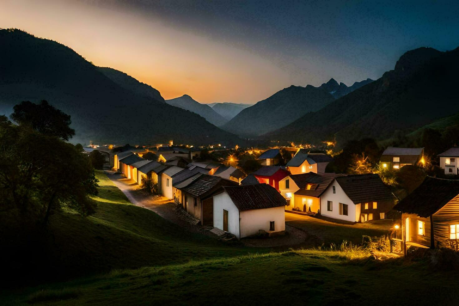 foto behang de lucht, bergen, nacht, dorp, huis, lichten, de dorp, de. ai-gegenereerd