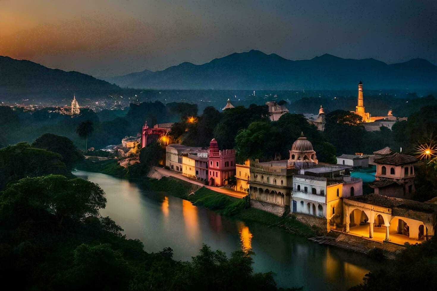 de stad van katmandu, Nepal Bij zonsondergang. ai-gegenereerd foto