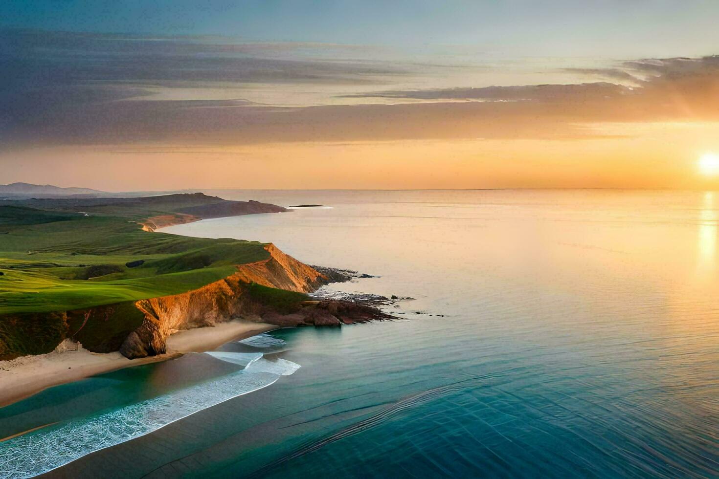 de zon sets over- een strand en groen heuvels. ai-gegenereerd foto