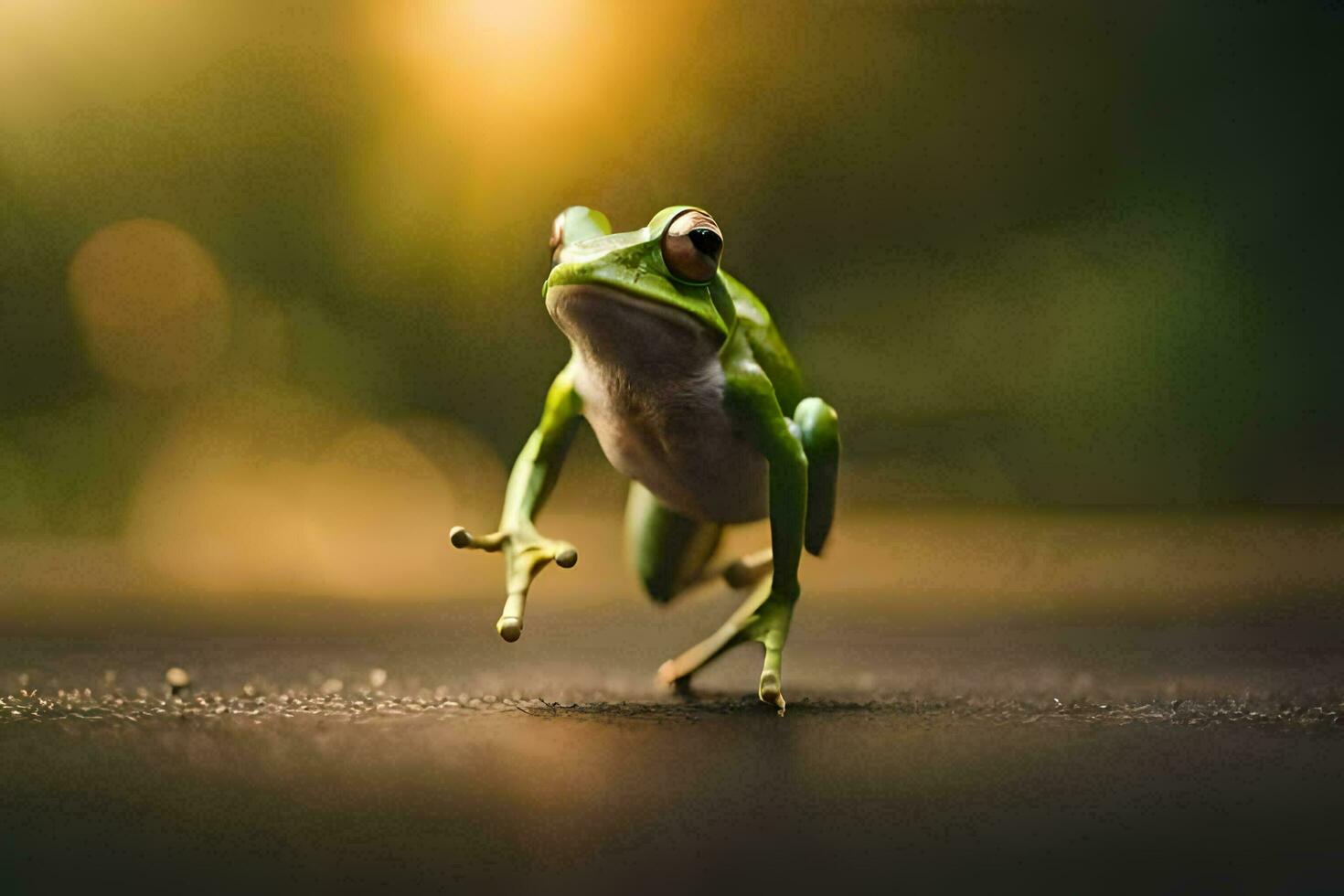 een kikker is jumping Aan de grond. ai-gegenereerd foto