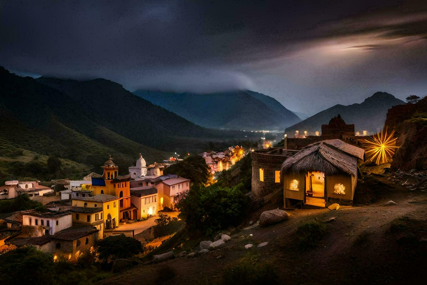 foto behang de lucht, nacht, bergen, de dorp, de maan, de dorp, de. ai-gegenereerd