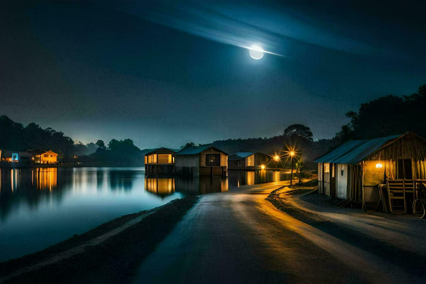 een maanlicht meer met huizen en boten Bij nacht. ai-gegenereerd foto