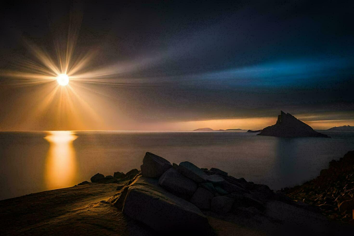 de zon schijnt helder over- de oceaan en rotsen. ai-gegenereerd foto