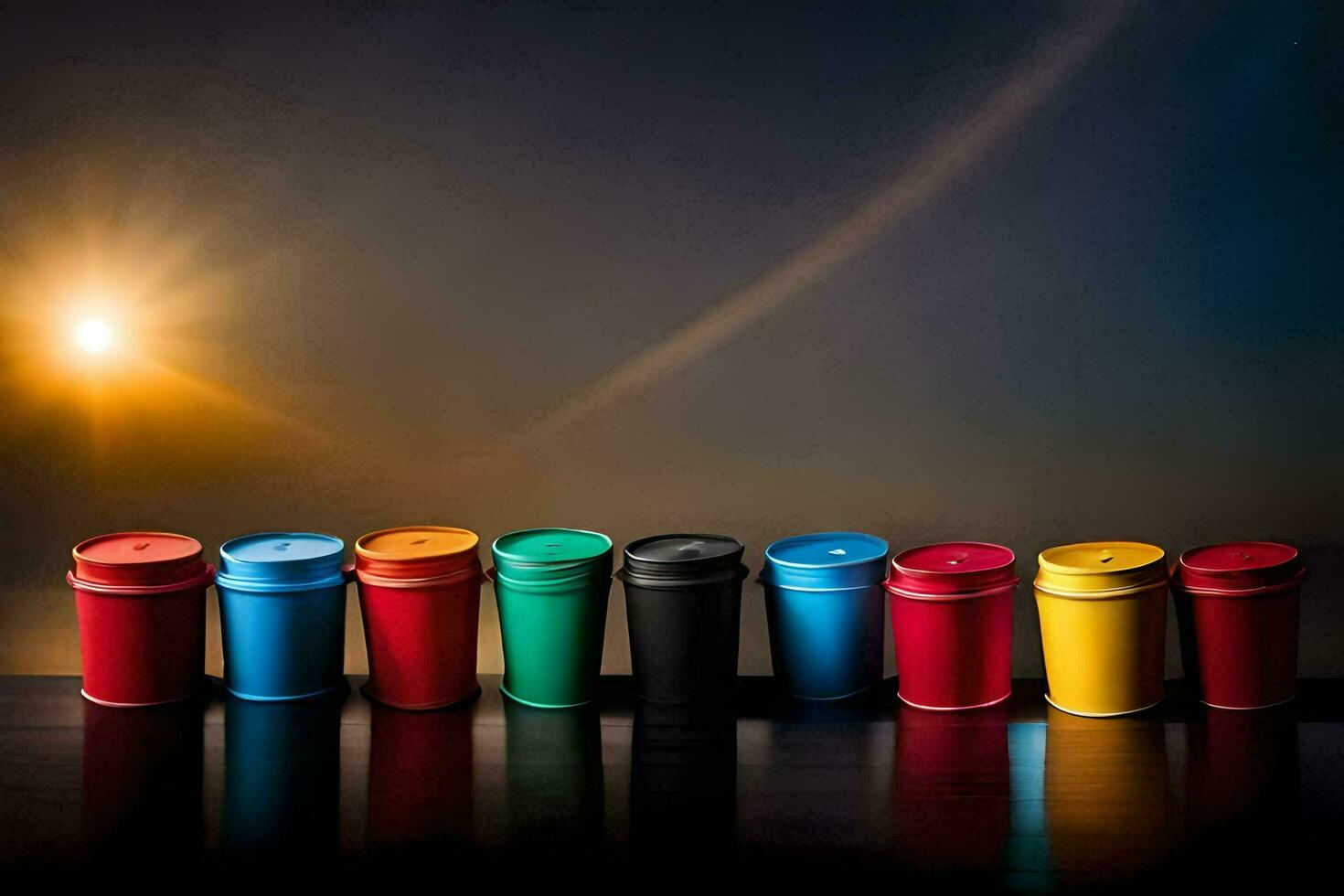 kleurrijk koffie cups bekleed omhoog tegen een donker achtergrond. ai-gegenereerd foto