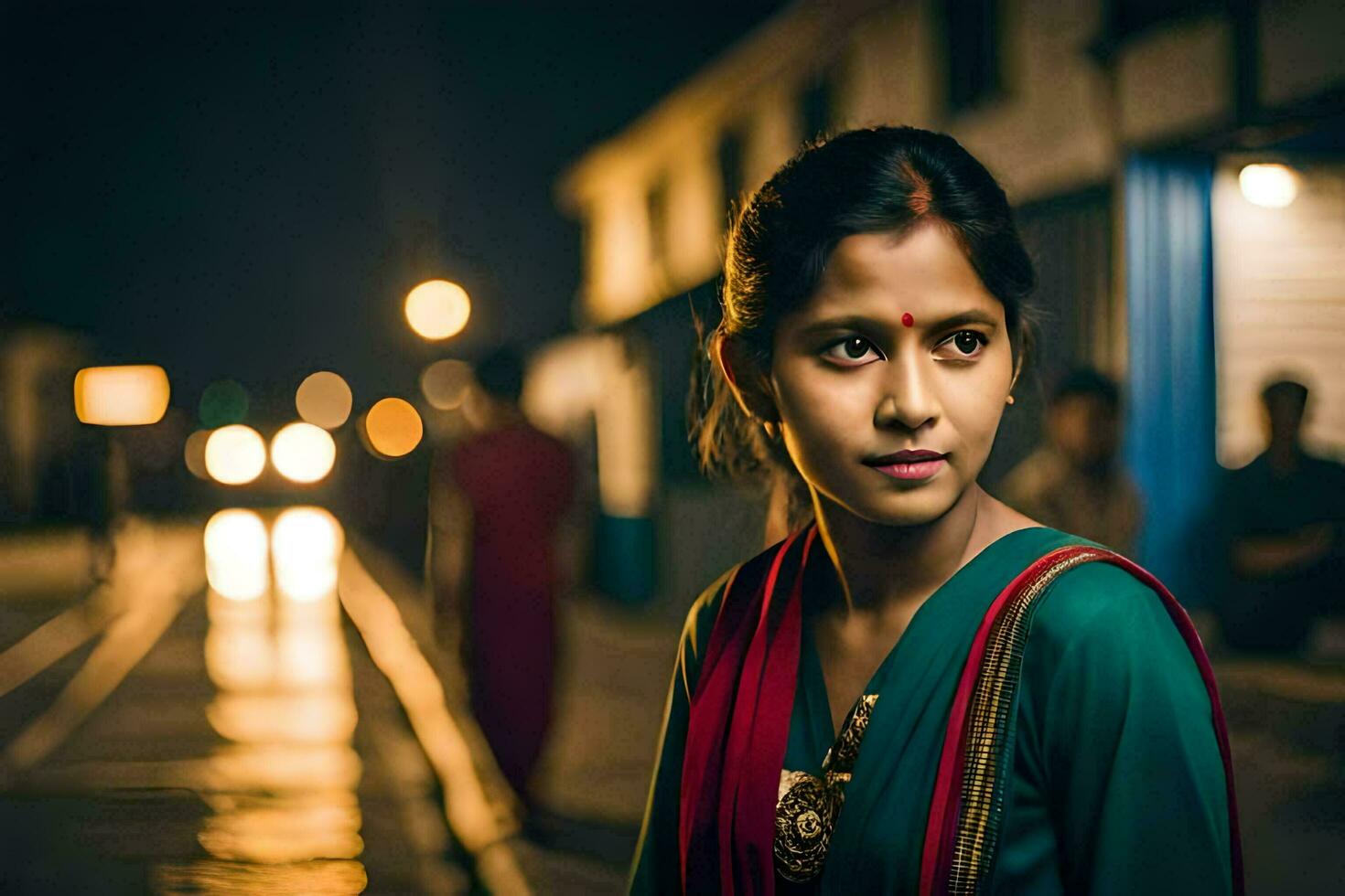 een jong vrouw in een sari staat Aan een straat Bij nacht. ai-gegenereerd foto