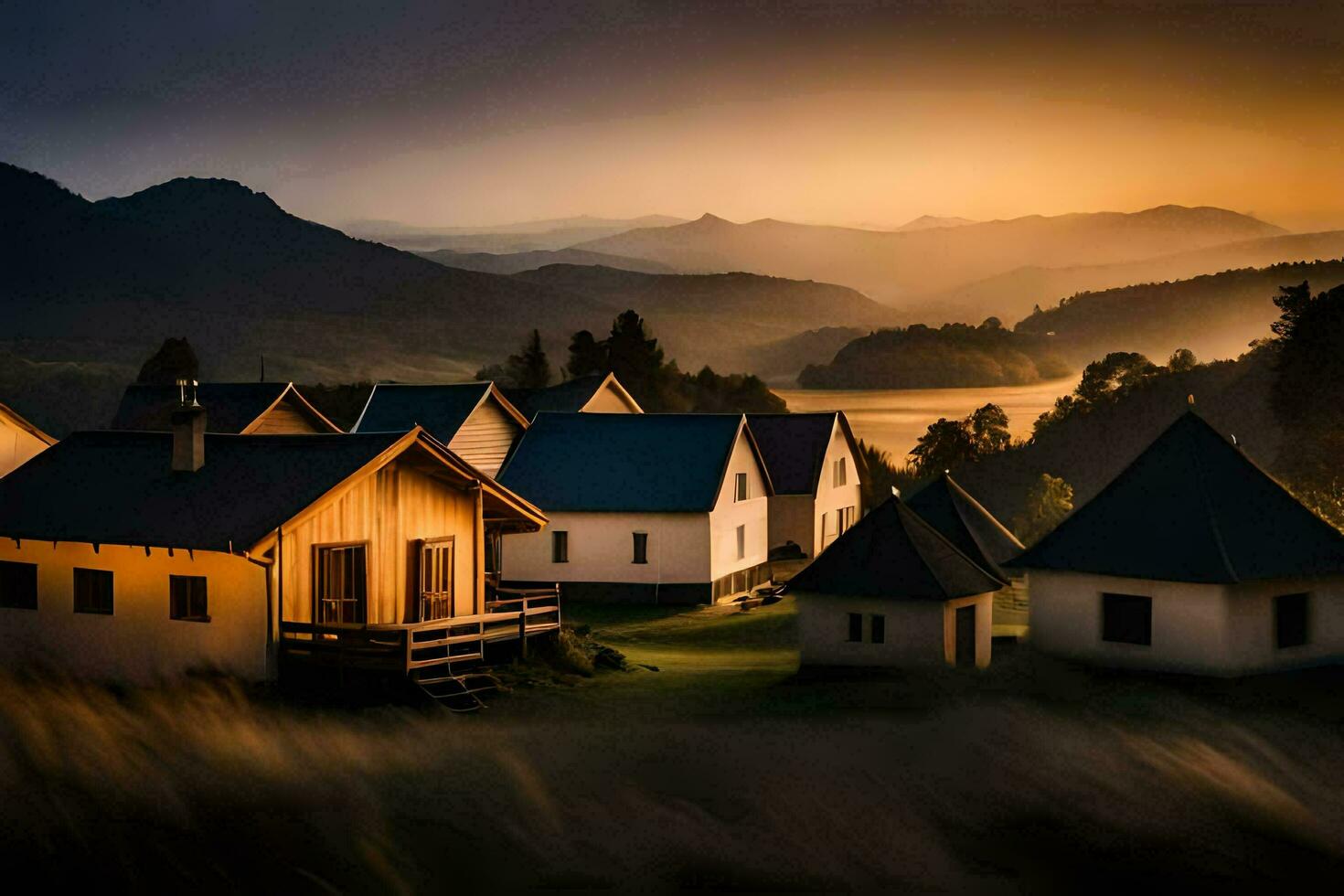 een klein dorp in de bergen Bij zonsondergang. ai-gegenereerd foto