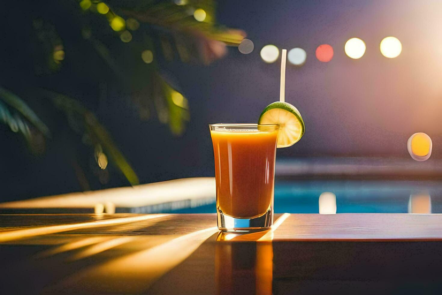 een glas van oranje sap met een rietje zittend Aan een tafel in de buurt een zwembad. ai-gegenereerd foto