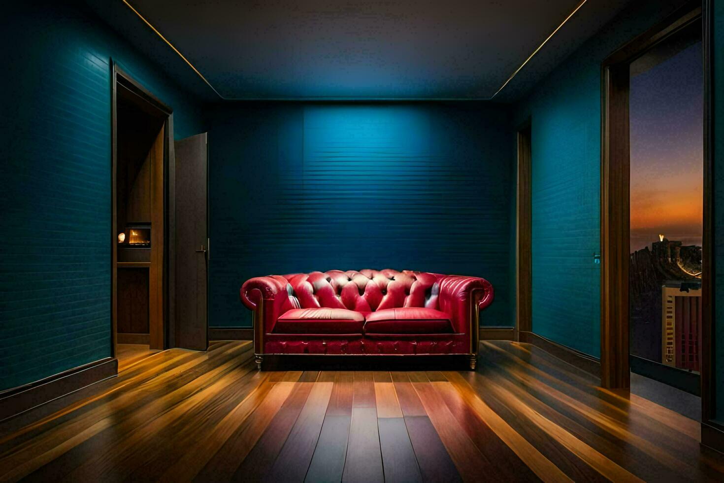 een rood bankstel in een kamer met blauw muren. ai-gegenereerd foto