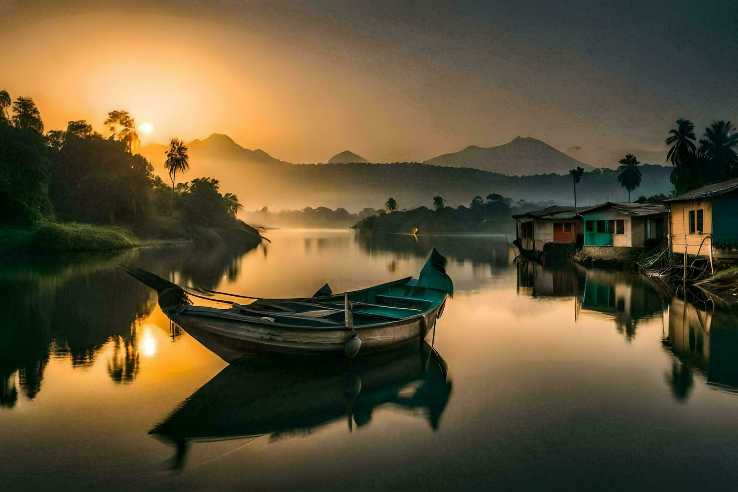 een boot zit Aan de water Bij zonsondergang. ai-gegenereerd foto