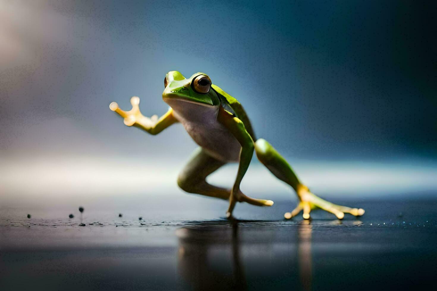 een kikker jumping Aan een donker achtergrond. ai-gegenereerd foto