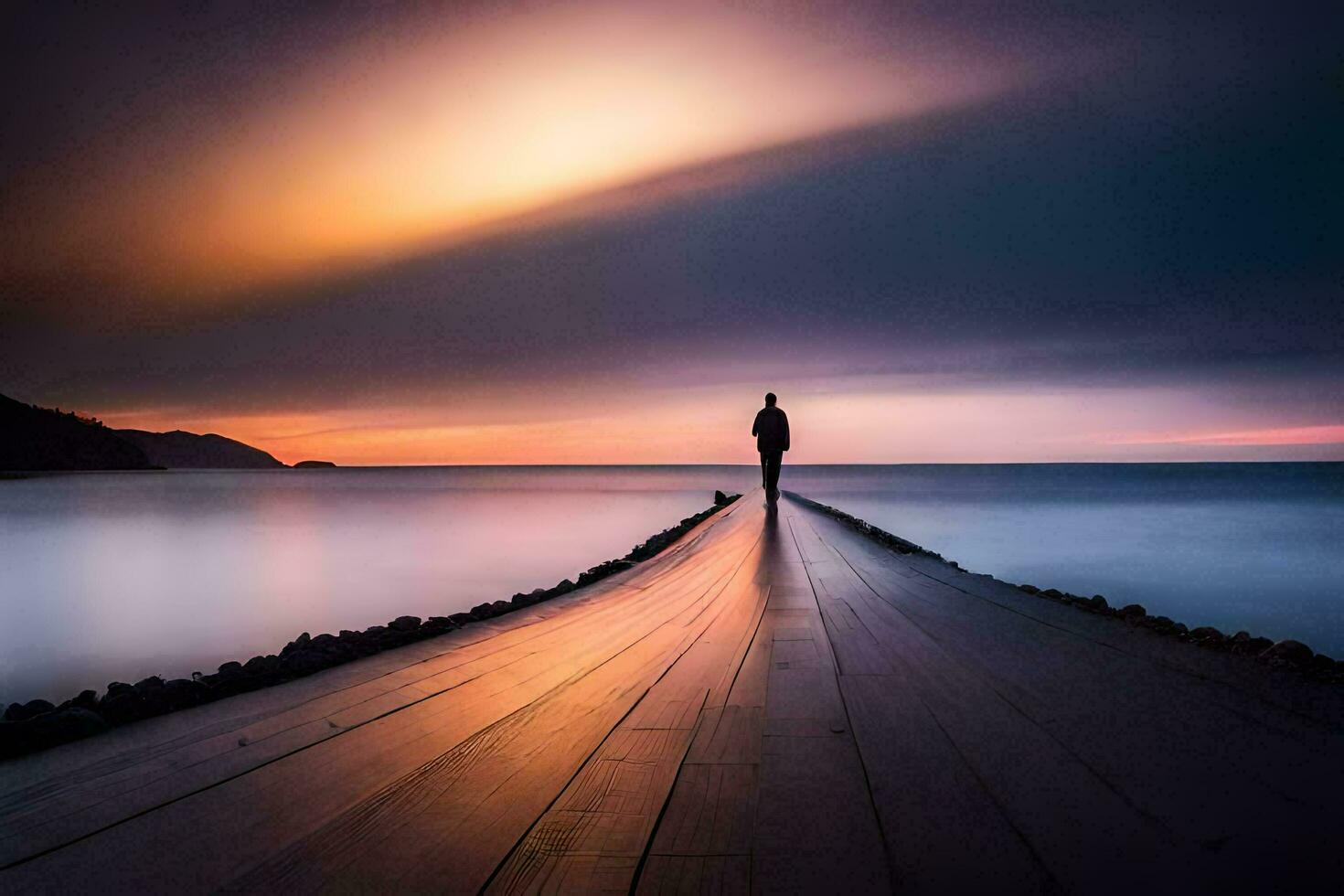 een Mens staand Aan een pier op zoek Bij de zonsondergang. ai-gegenereerd foto