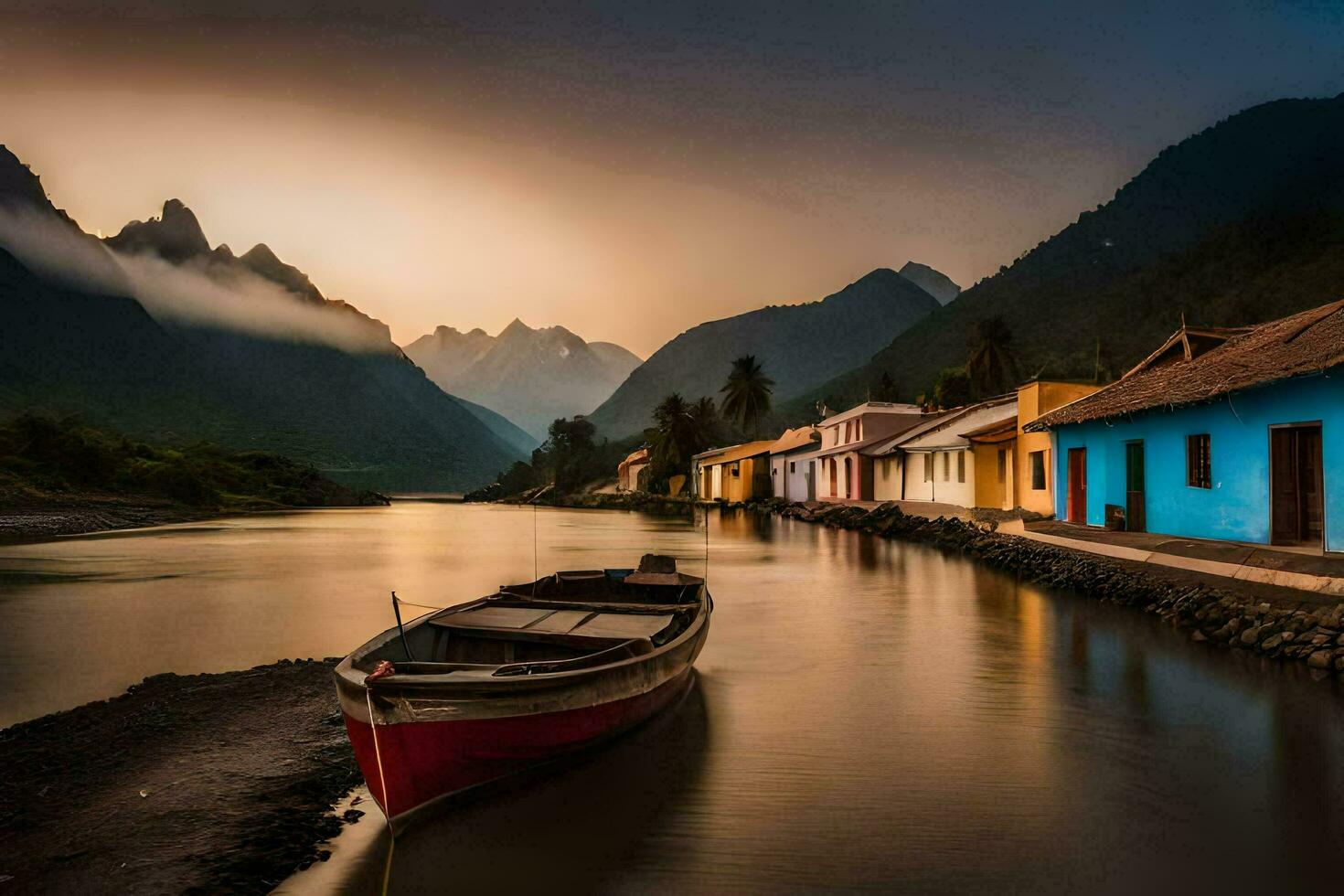 een boot zit Aan de water in voorkant van kleurrijk huizen. ai-gegenereerd foto