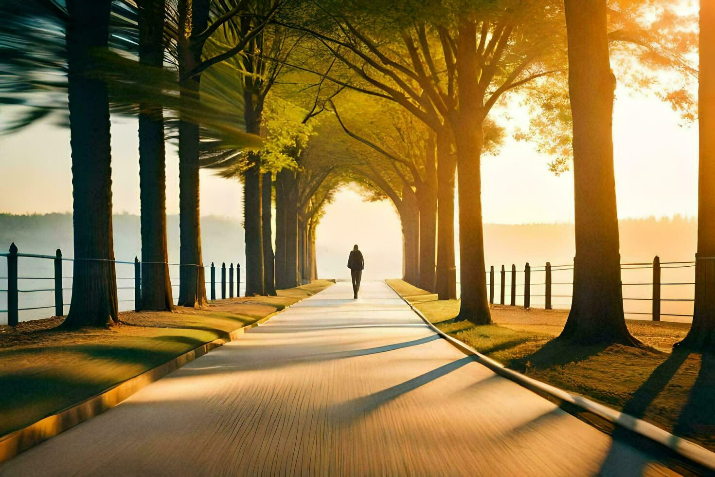 een persoon wandelen naar beneden een pad in de zon. ai-gegenereerd foto