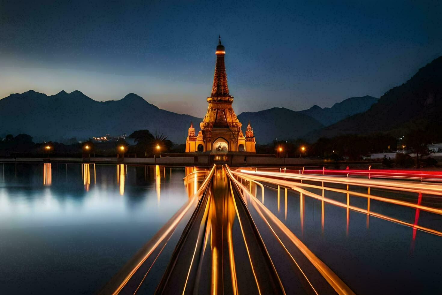 een lang blootstelling fotograaf van een pagode in de avond. ai-gegenereerd foto