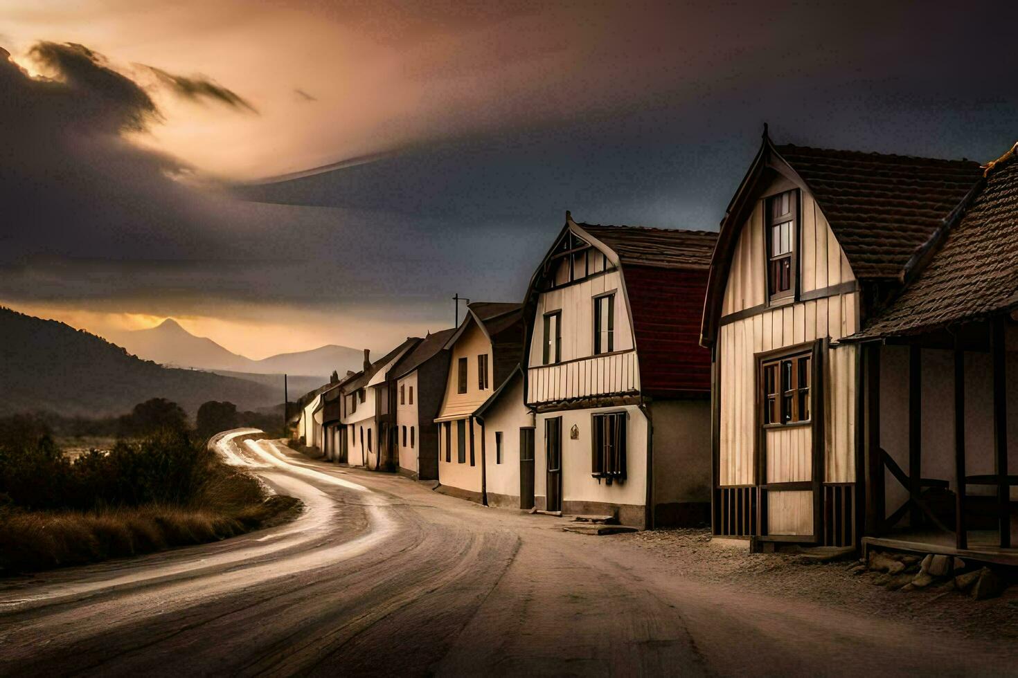 een weg in de midden- van een dorp met huizen. ai-gegenereerd foto