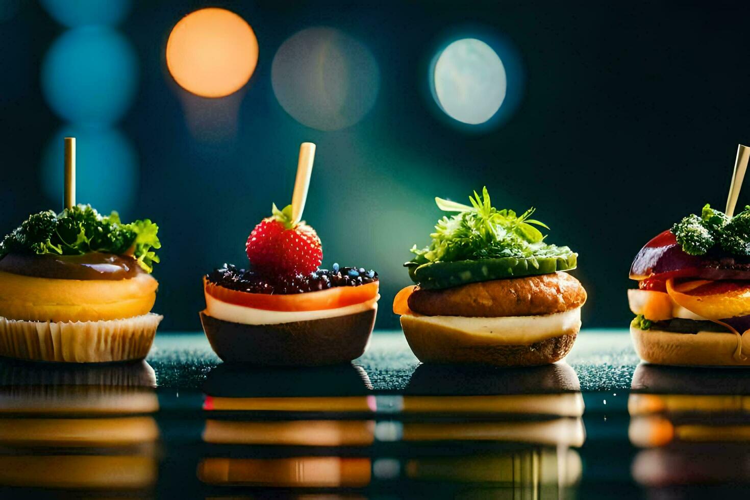 een rij van mini desserts Aan een tafel. ai-gegenereerd foto