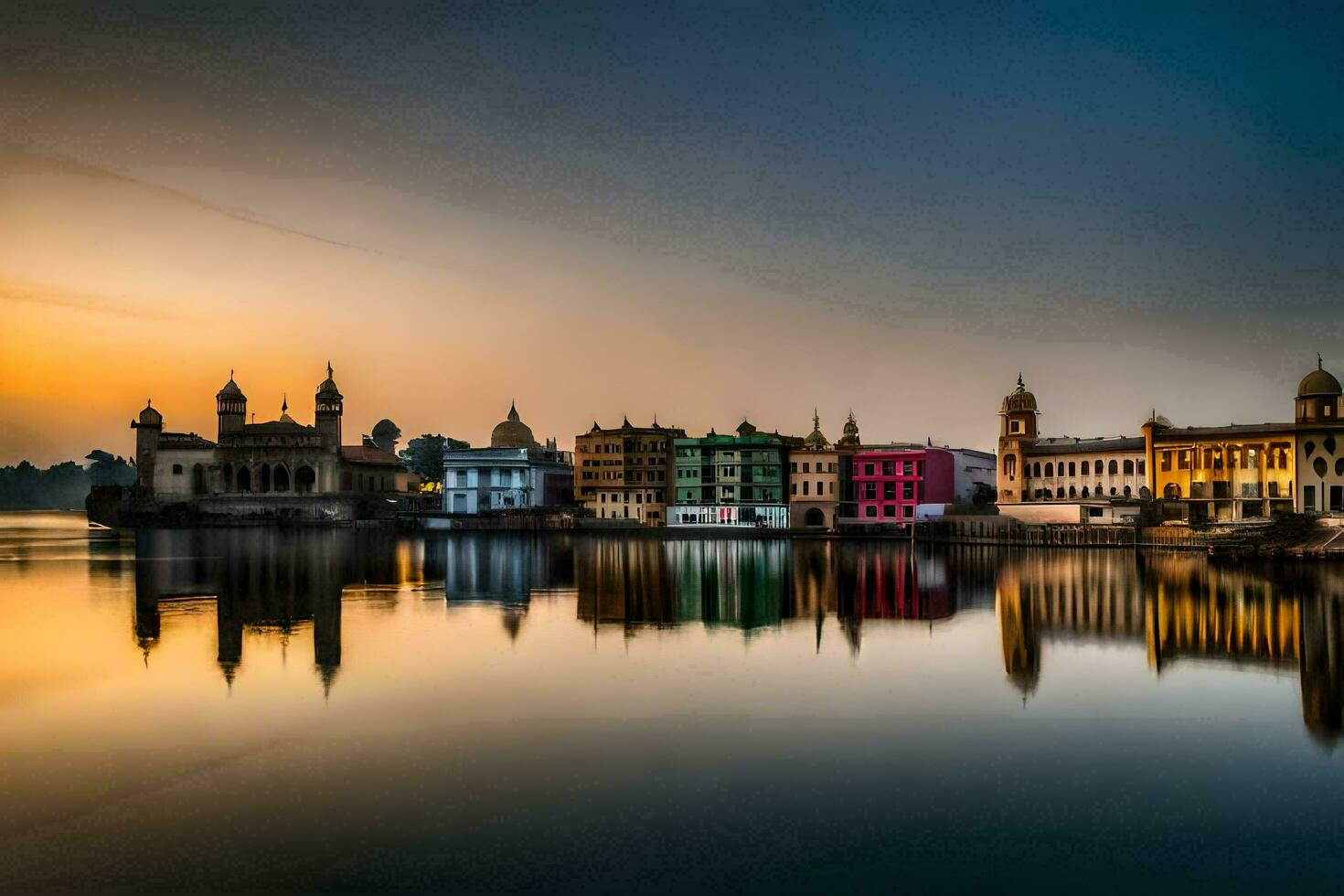 de stad van Delhi Bij zonsondergang. ai-gegenereerd foto