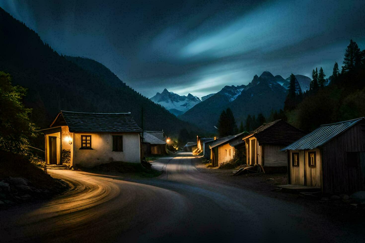 een dorp Bij nacht met bergen in de achtergrond. ai-gegenereerd foto