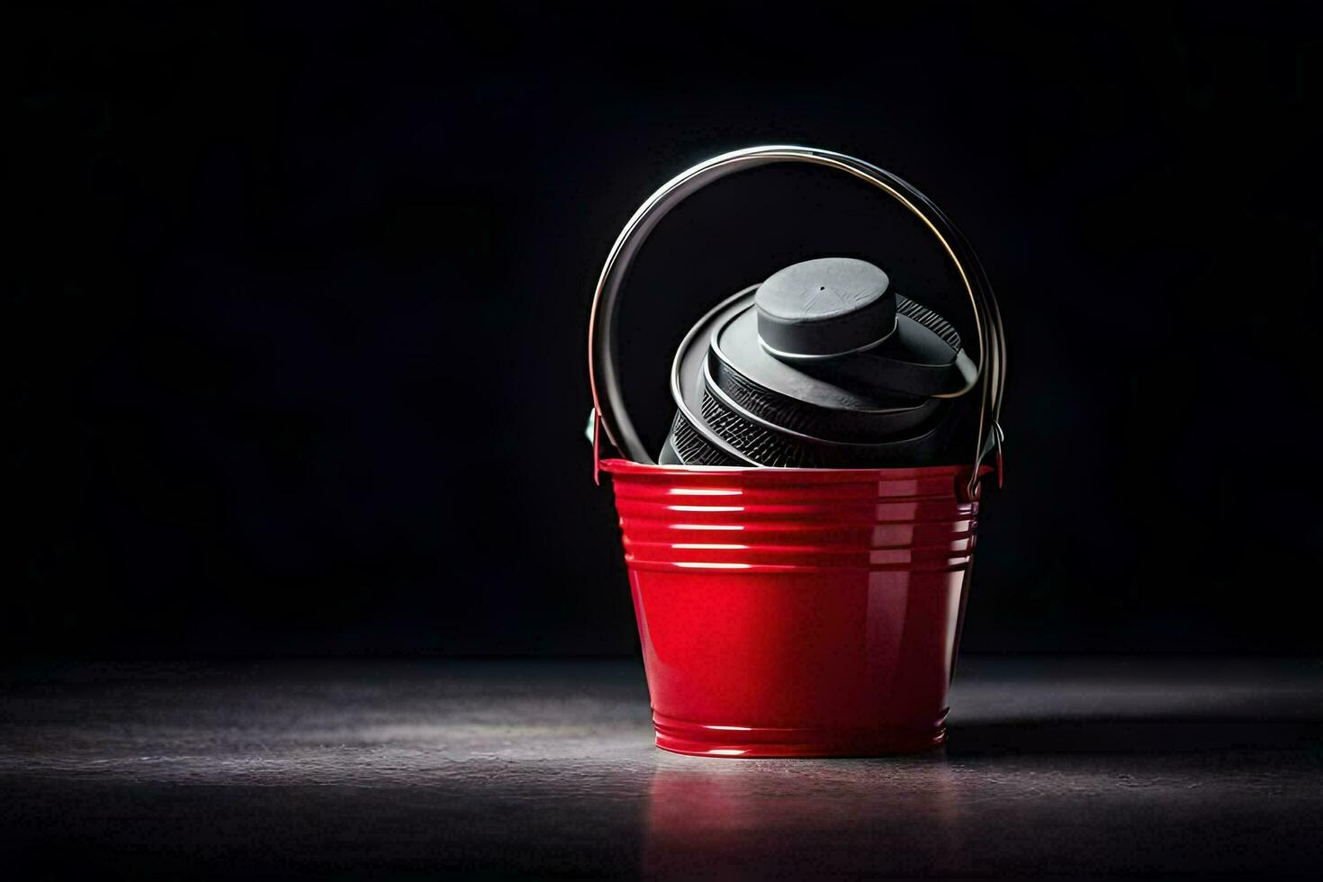 een rood emmer met drie zwart cups binnen. ai-gegenereerd foto