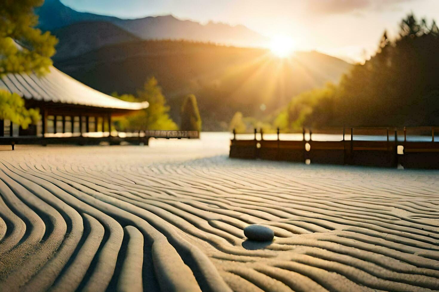 een zen tuin met rotsen en een vijver. ai-gegenereerd foto