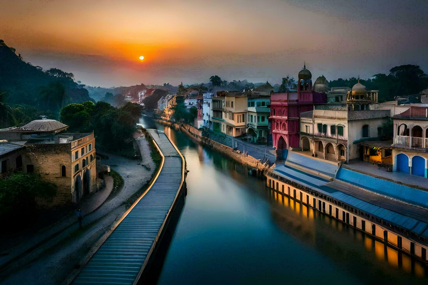 de zon sets over- een rivier- in Indië. ai-gegenereerd foto