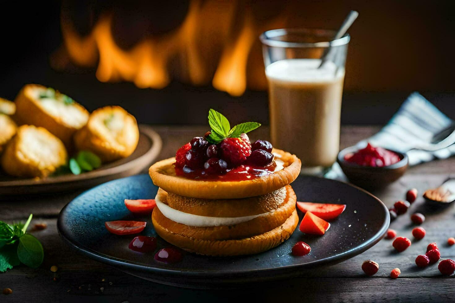 een stack van pannekoeken met bessen en room Aan top. ai-gegenereerd foto