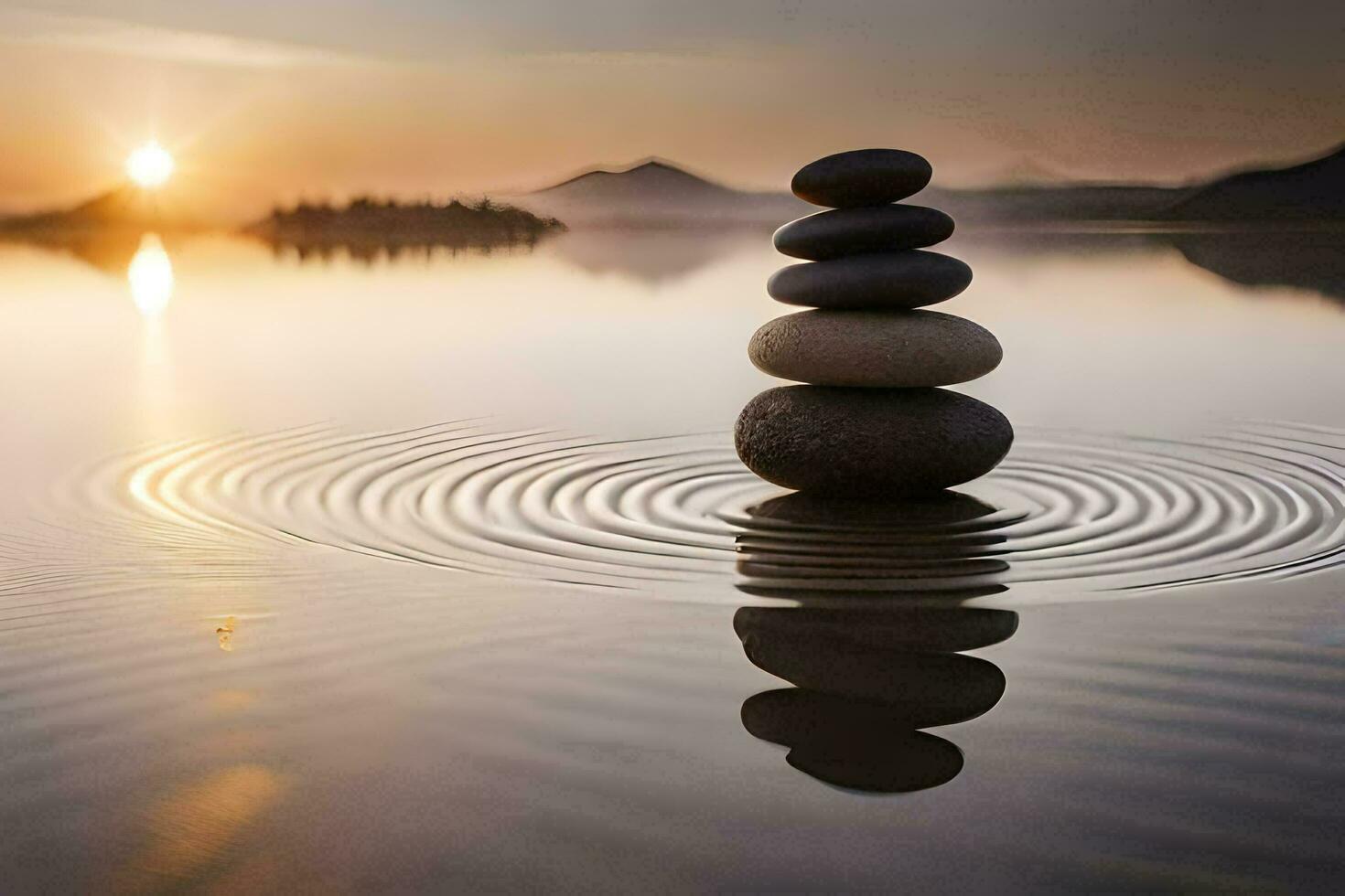 een stack van stenen in de water Bij zonsondergang. ai-gegenereerd foto