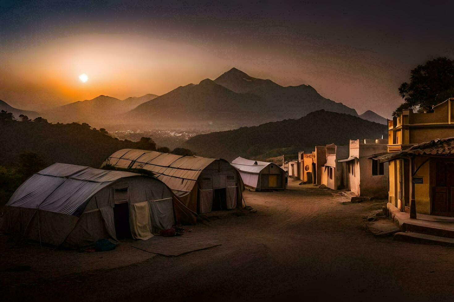 een dorp Bij zonsondergang met tenten en bergen in de achtergrond. ai-gegenereerd foto