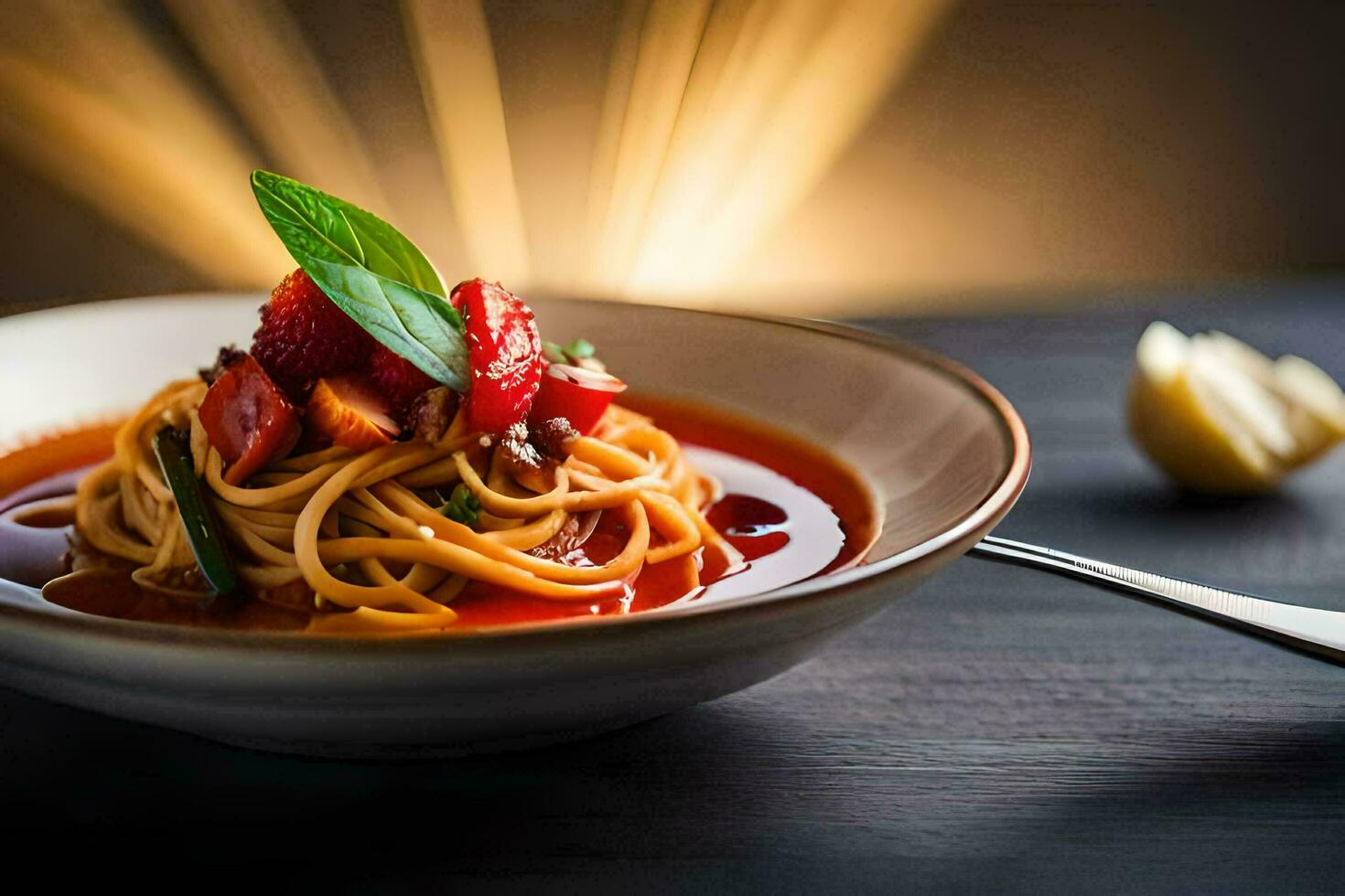 een kom van spaghetti met aardbeien en basilicum. ai-gegenereerd foto