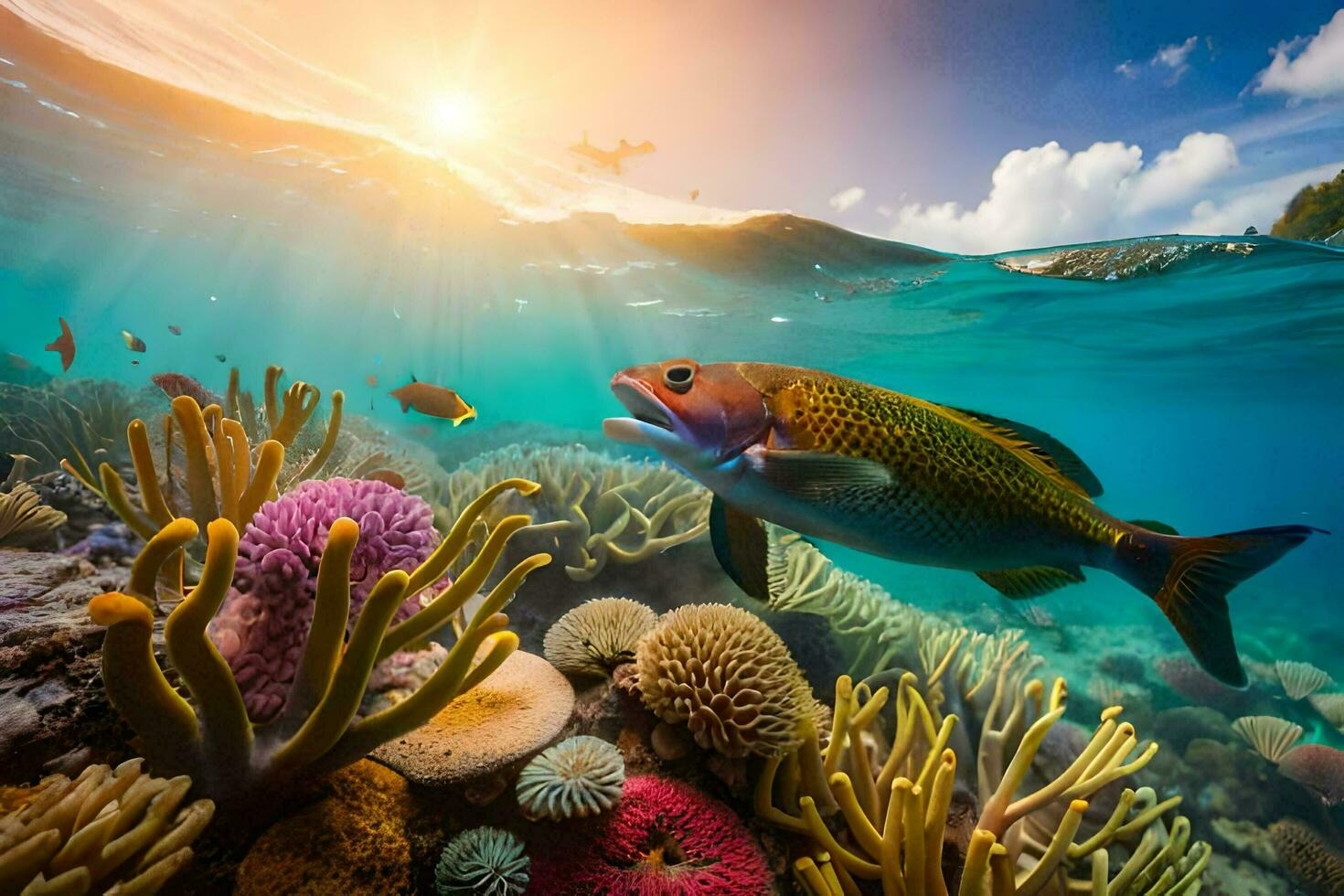 de zon schijnt over- een koraal rif en vis. ai-gegenereerd foto