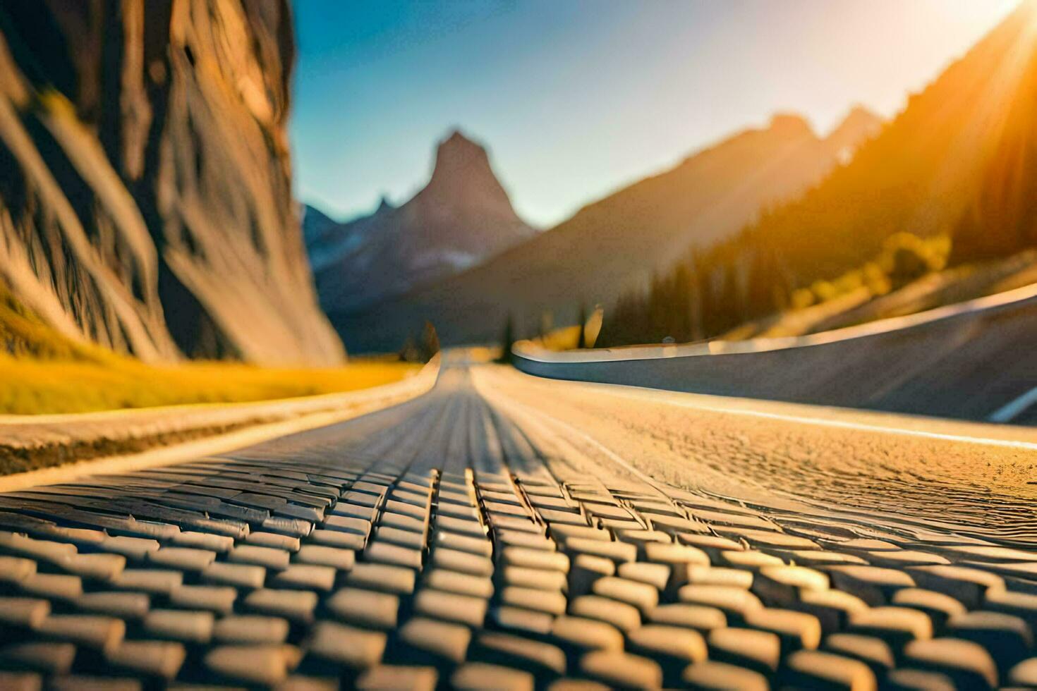 een weg met een berg in de achtergrond. ai-gegenereerd foto