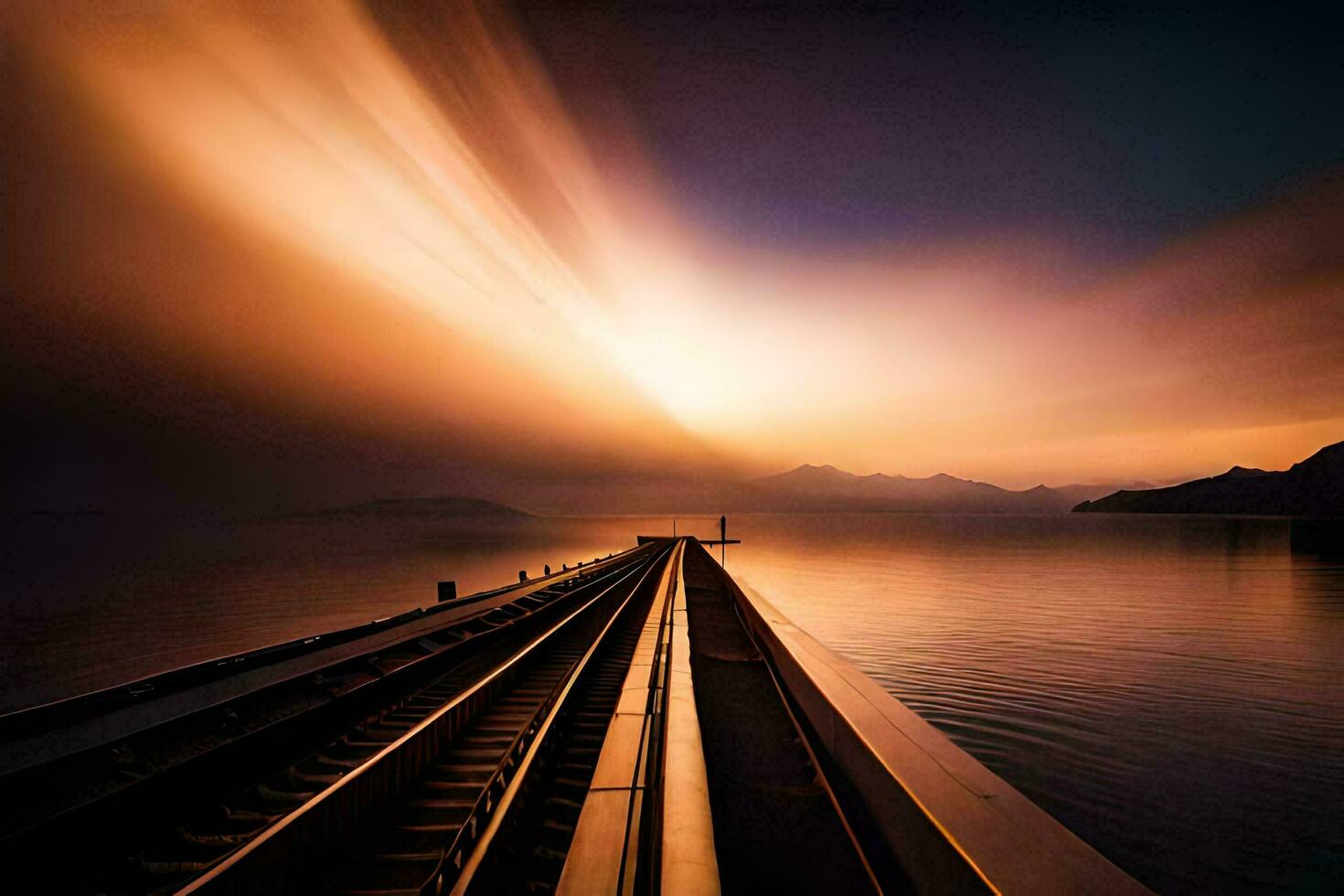 een trein bijhouden leidend naar de oceaan Bij zonsondergang. ai-gegenereerd foto