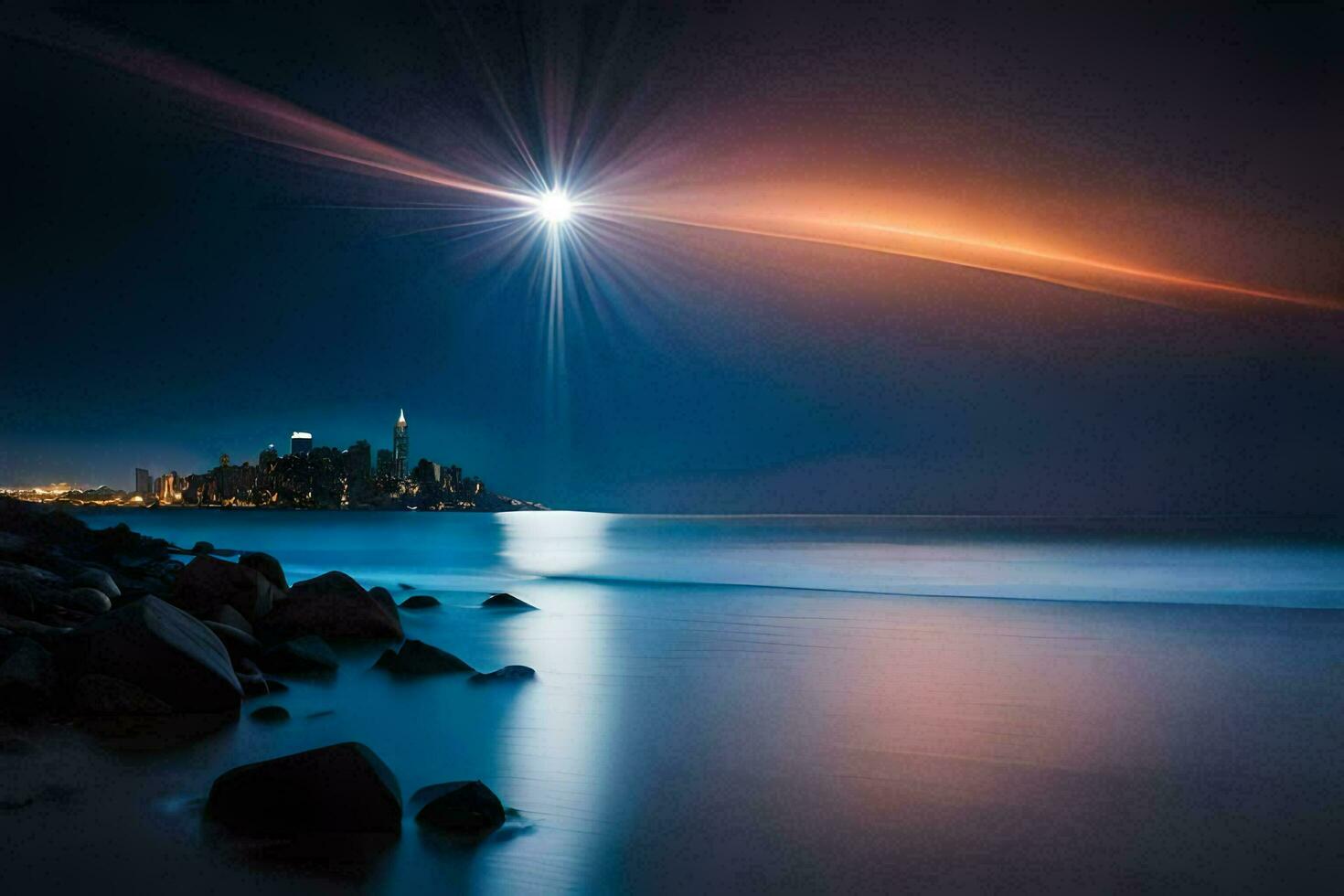 de stad lichten omhoog Bij nacht met een helder ster schijnend over- het. ai-gegenereerd foto