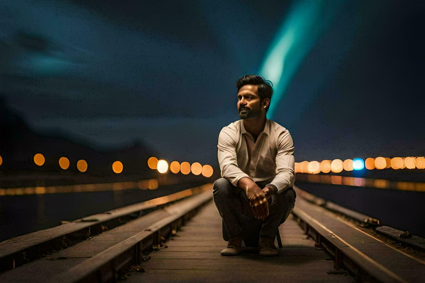 een Mens zittend Aan een houten brug Bij nacht. ai-gegenereerd foto