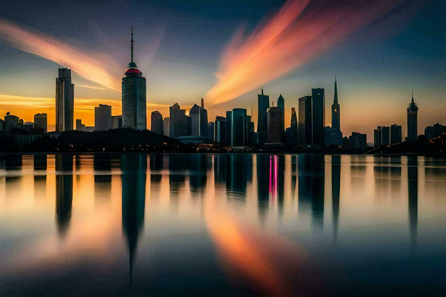 de stad horizon Bij zonsondergang in dubai. ai-gegenereerd foto