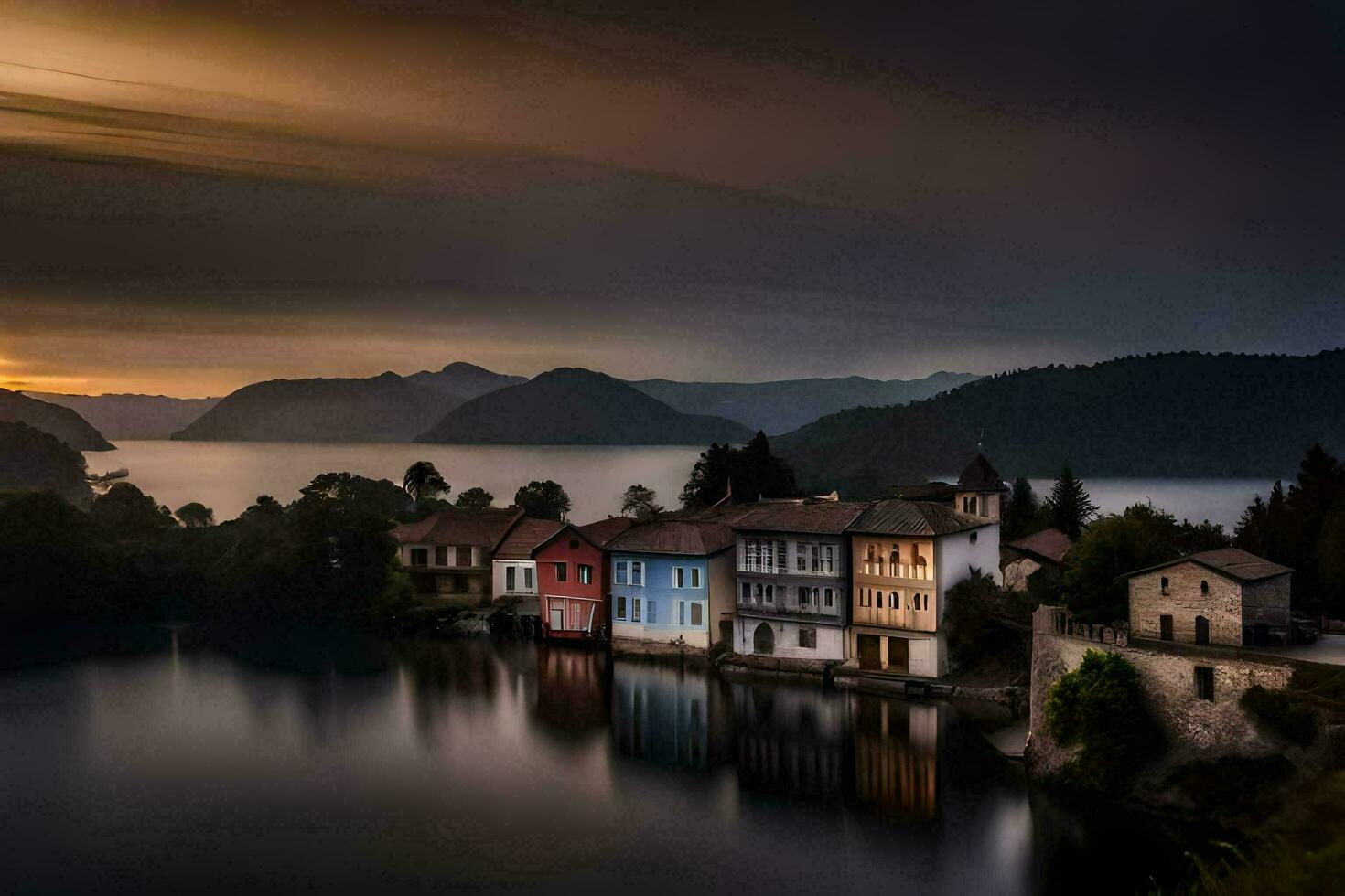 een meer en huizen in de zonsondergang. ai-gegenereerd foto