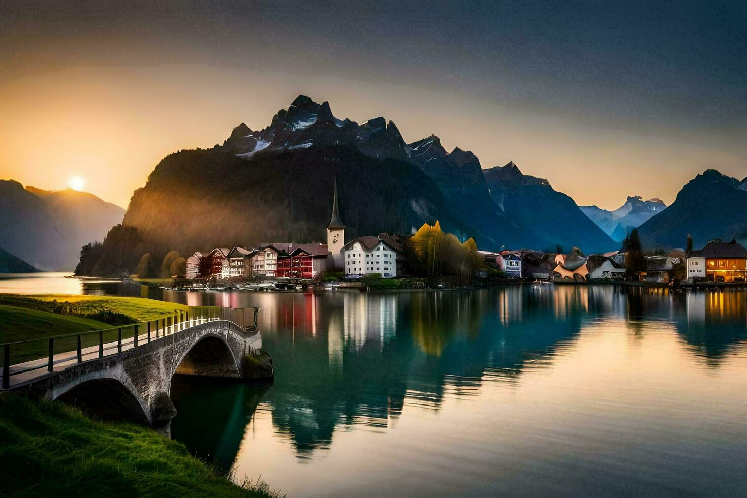 de zon sets over- een meer en bergen in Oostenrijk. ai-gegenereerd foto