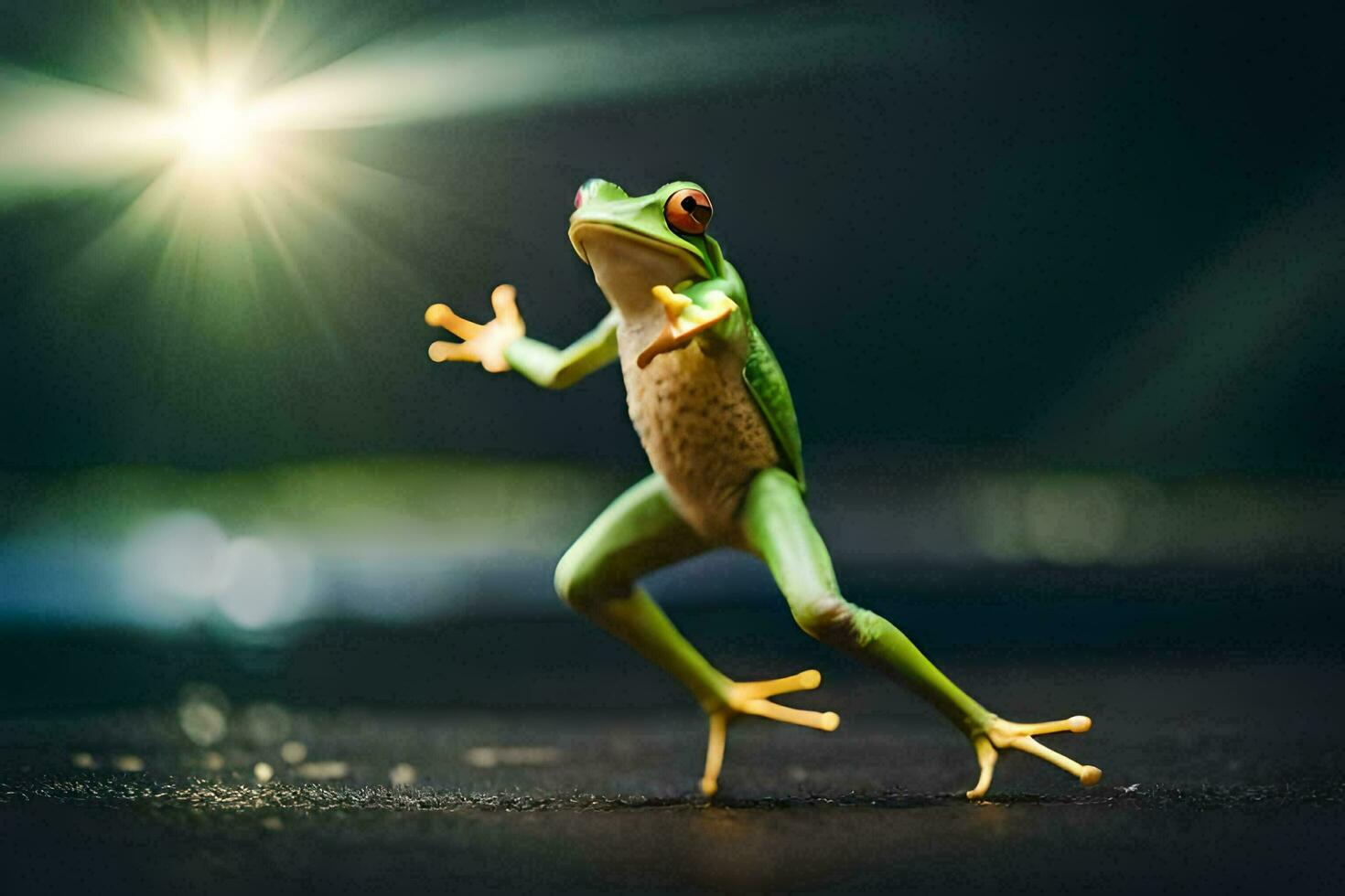 een kikker is jumping in de lucht met haar poten verspreiding. ai-gegenereerd foto