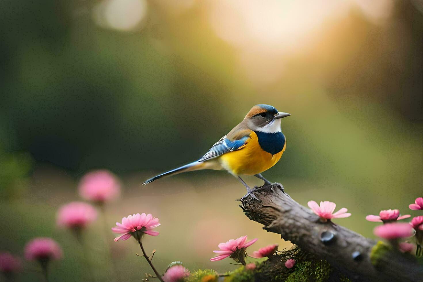 foto behang de vogel, bloemen, lente, de zon, de vogel, bloemen, lente,. ai-gegenereerd