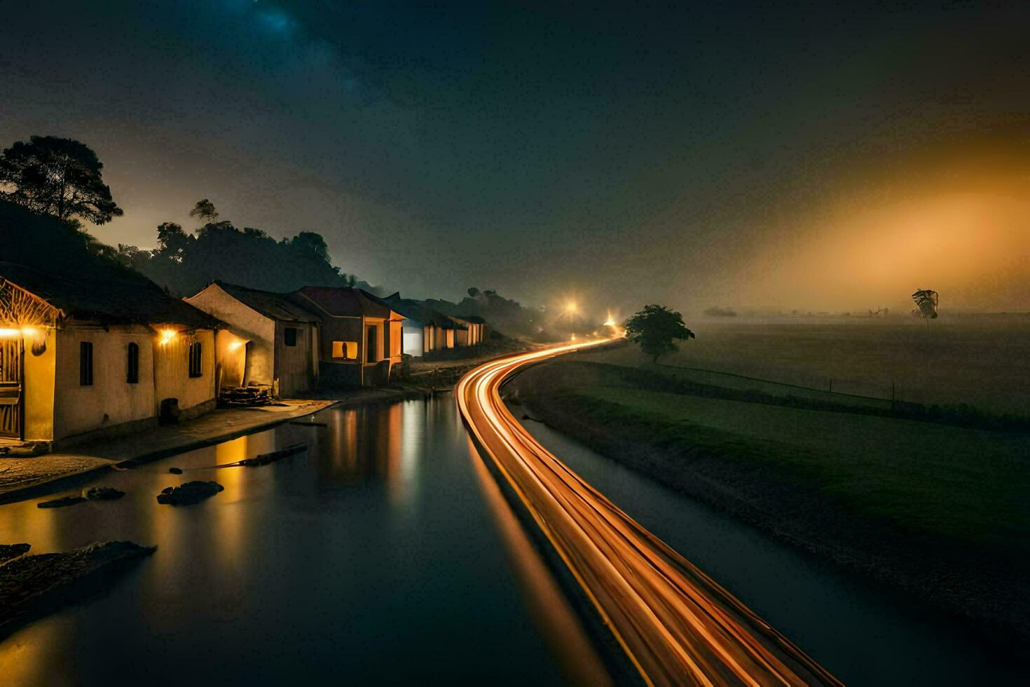 een lang blootstelling fotograaf van een rivier- Bij nacht. ai-gegenereerd foto