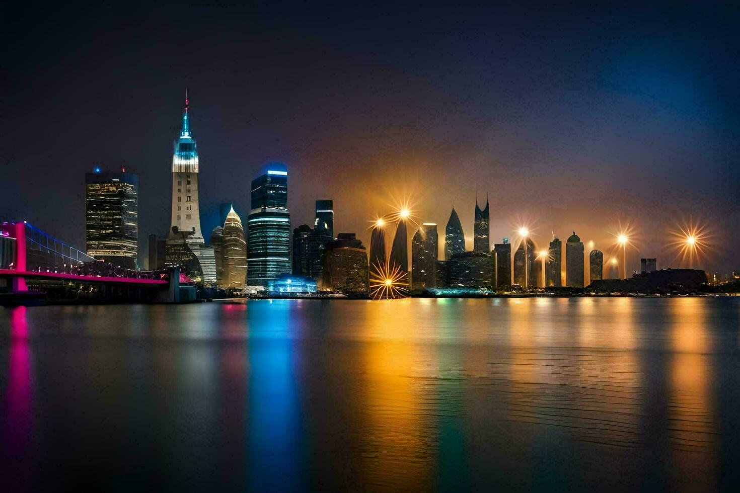 de stad horizon Bij nacht met lichten reflecterend uit de water. ai-gegenereerd foto