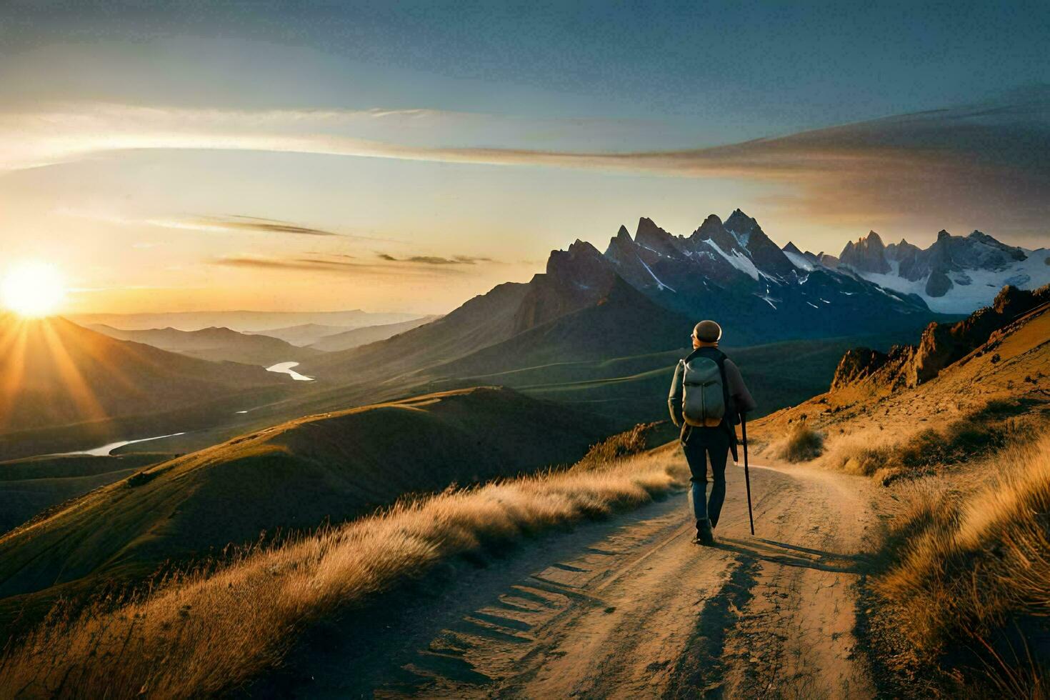 een persoon wandelen Aan een aarde weg in de bergen. ai-gegenereerd foto